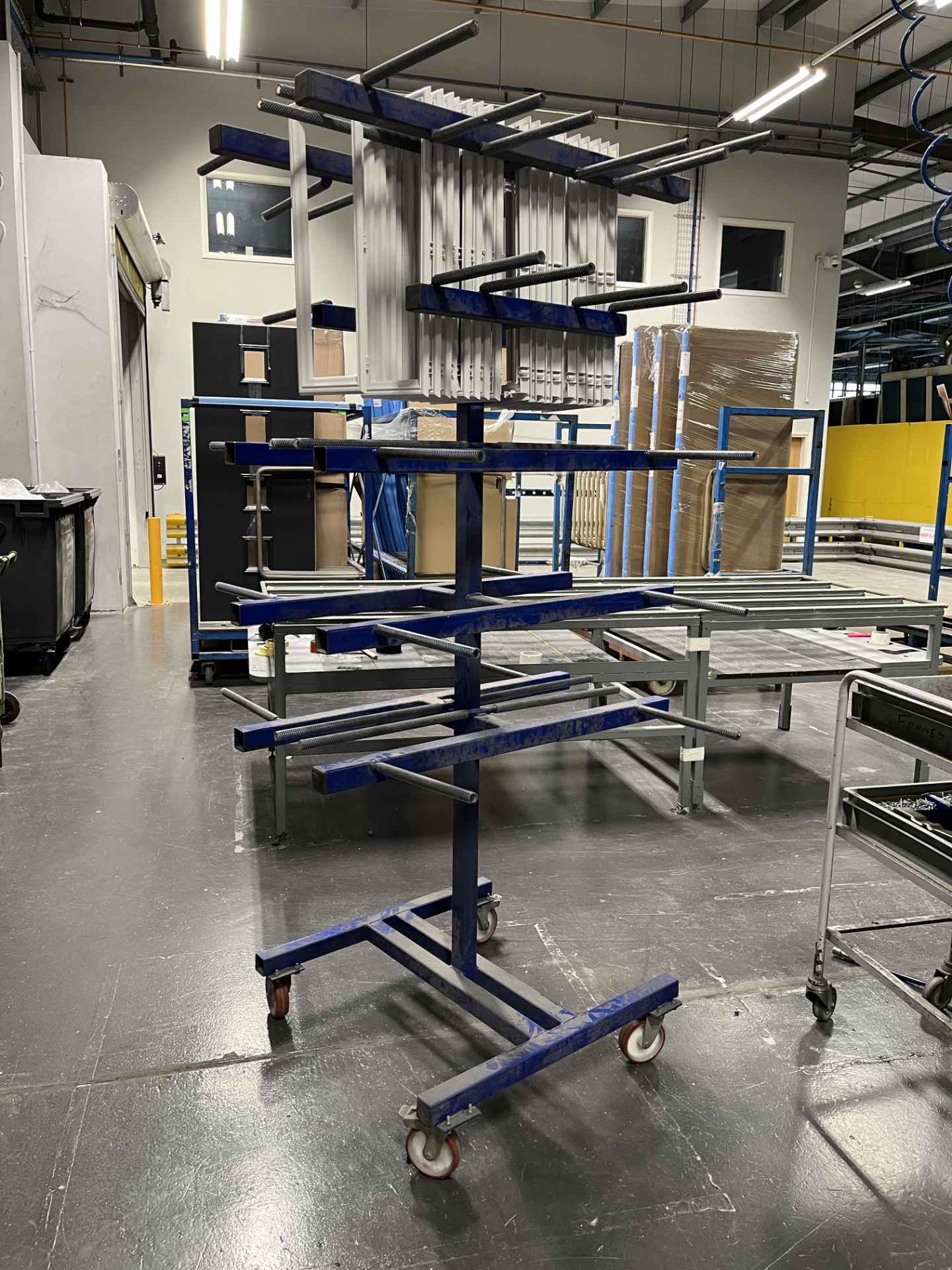 3, Steel fabricated 'xmas tree' window frame component storage trolleys, Apprx sixe 2.2Hx1x1mtrs