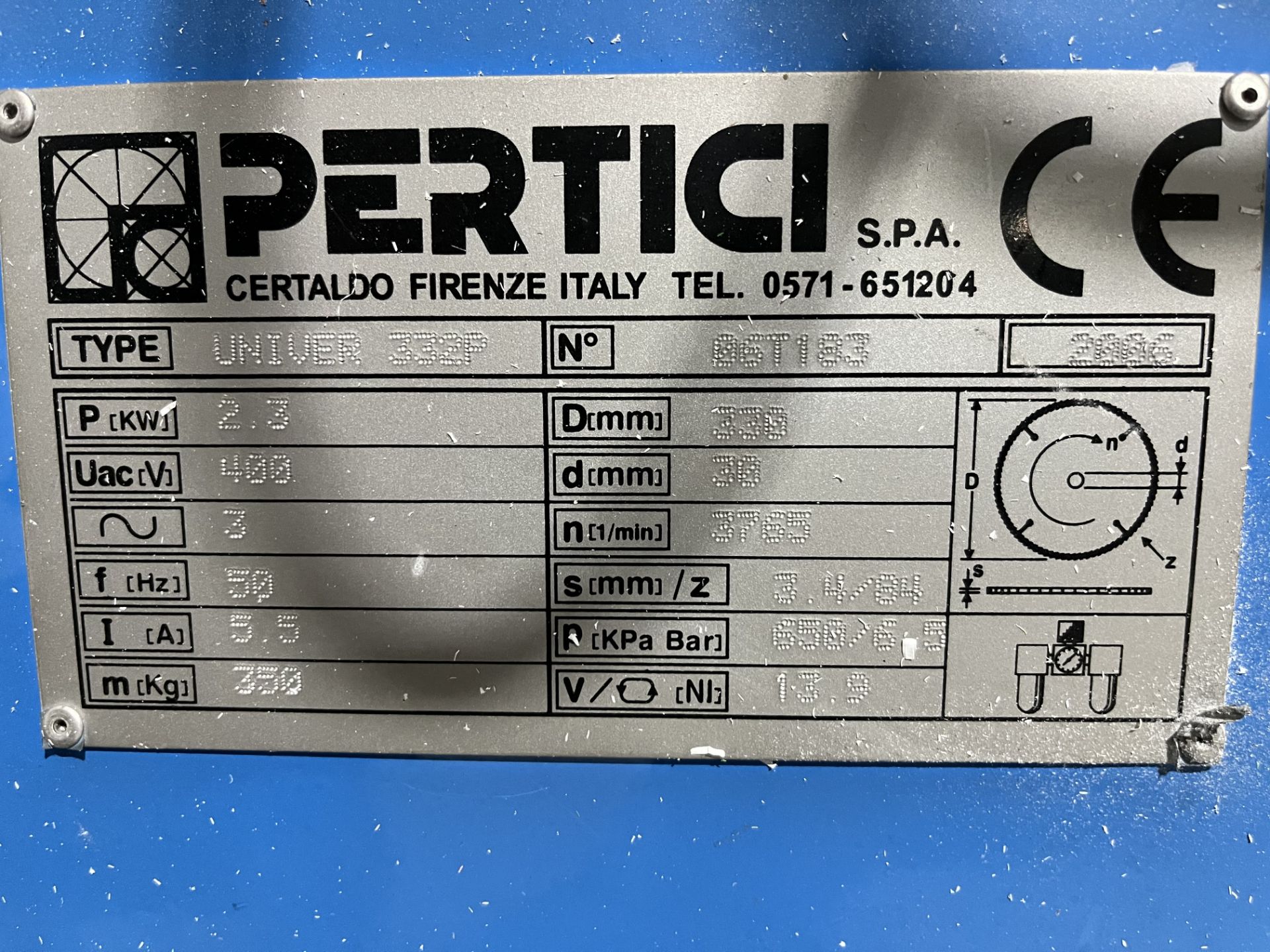 CS05 Pertici Univer 332P Double Head Mitre Saw Serial No. 06T183 (2006) with Extraction System - Image 2 of 2