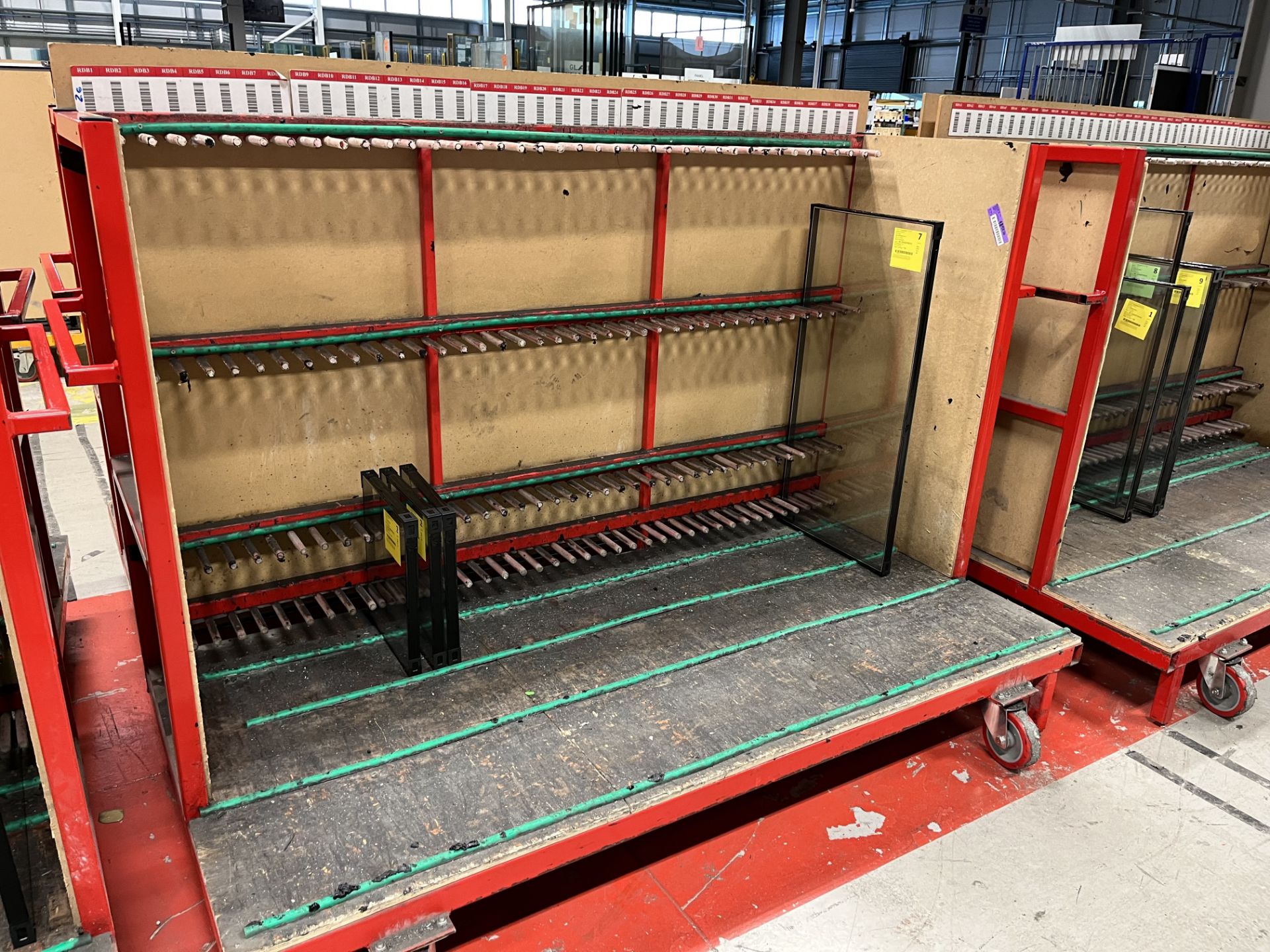 10, Steel fabricated Glazed unit storage trolleys, colour red, 40 locations, approx. size 1 x 2.1 x