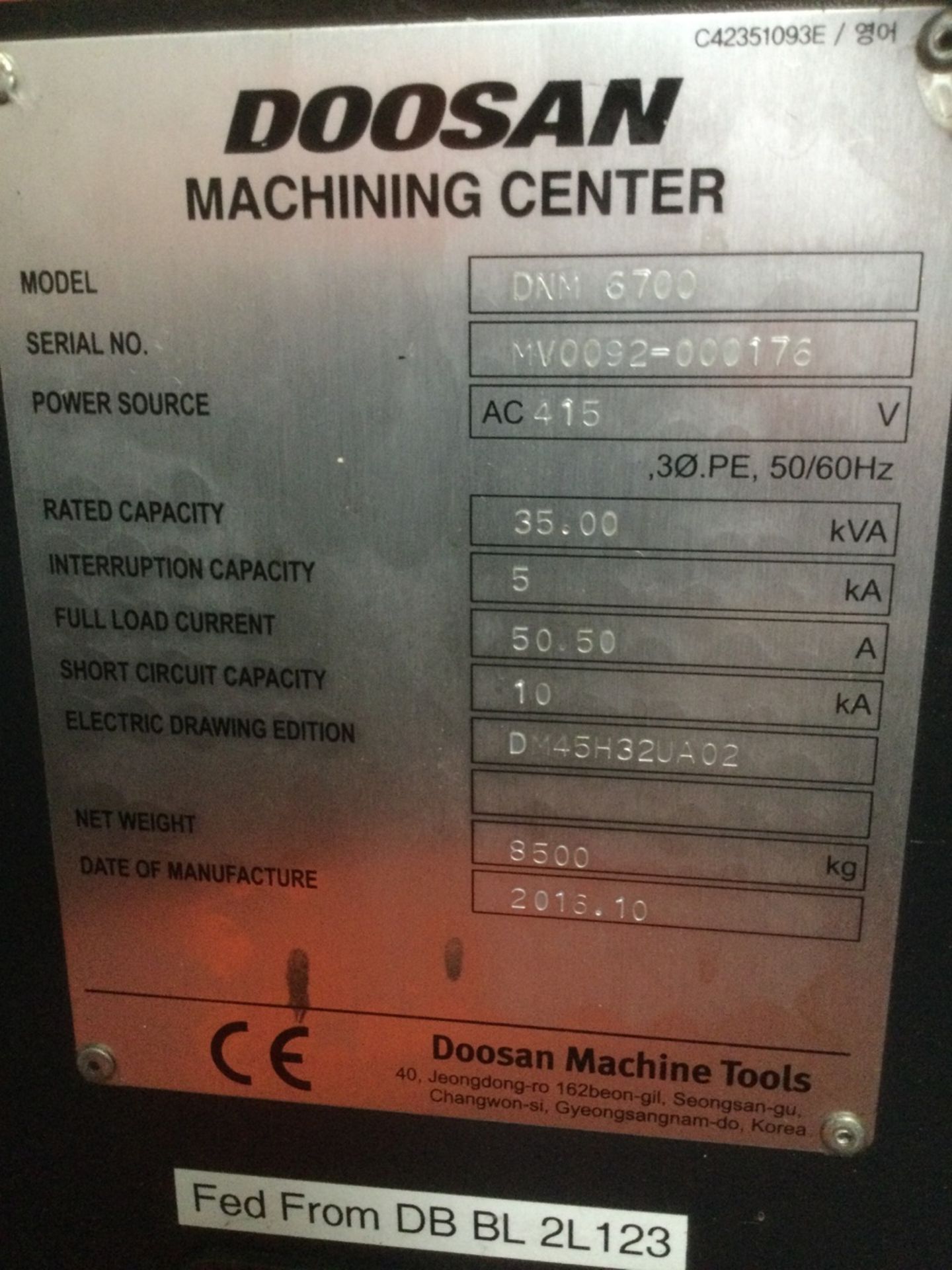Doosan DNM6700 3-Axis Vertical Machining Centre, Ad40 Spindle Taper, Fanuc I-Series Control - Image 4 of 4