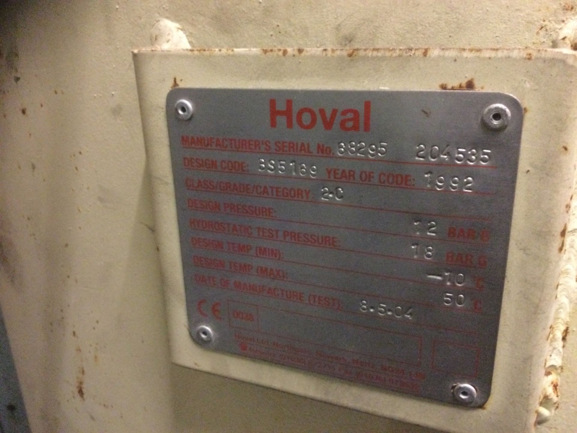 Hoval Welded Mild Steel Air Receiver Tank , serial number 88295 204535 , year 2004 - Image 2 of 2