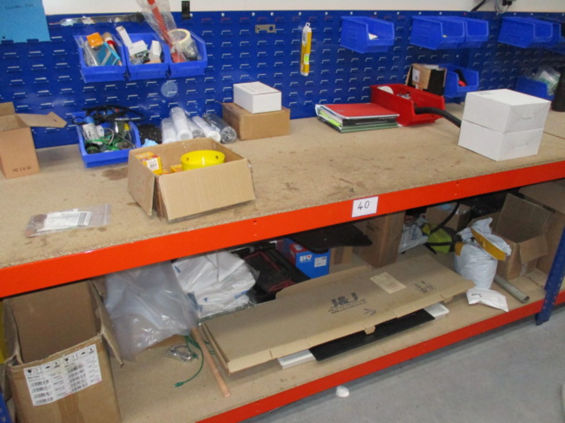 2, Work benches, with upstands and contents of plastic Tote Bins As Lotted - Image 2 of 2