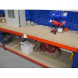 2, Work benches, with upstands and contents of plastic Tote Bins As Lotted