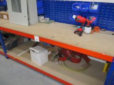 2, Work benches, with upstands and contents of plastic Tote Bins As Lotted