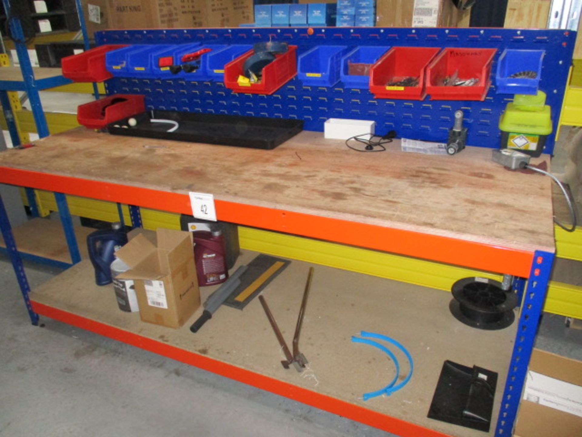 1, Work bench, with upstands and contents of plastic Tote Bin As Lotted