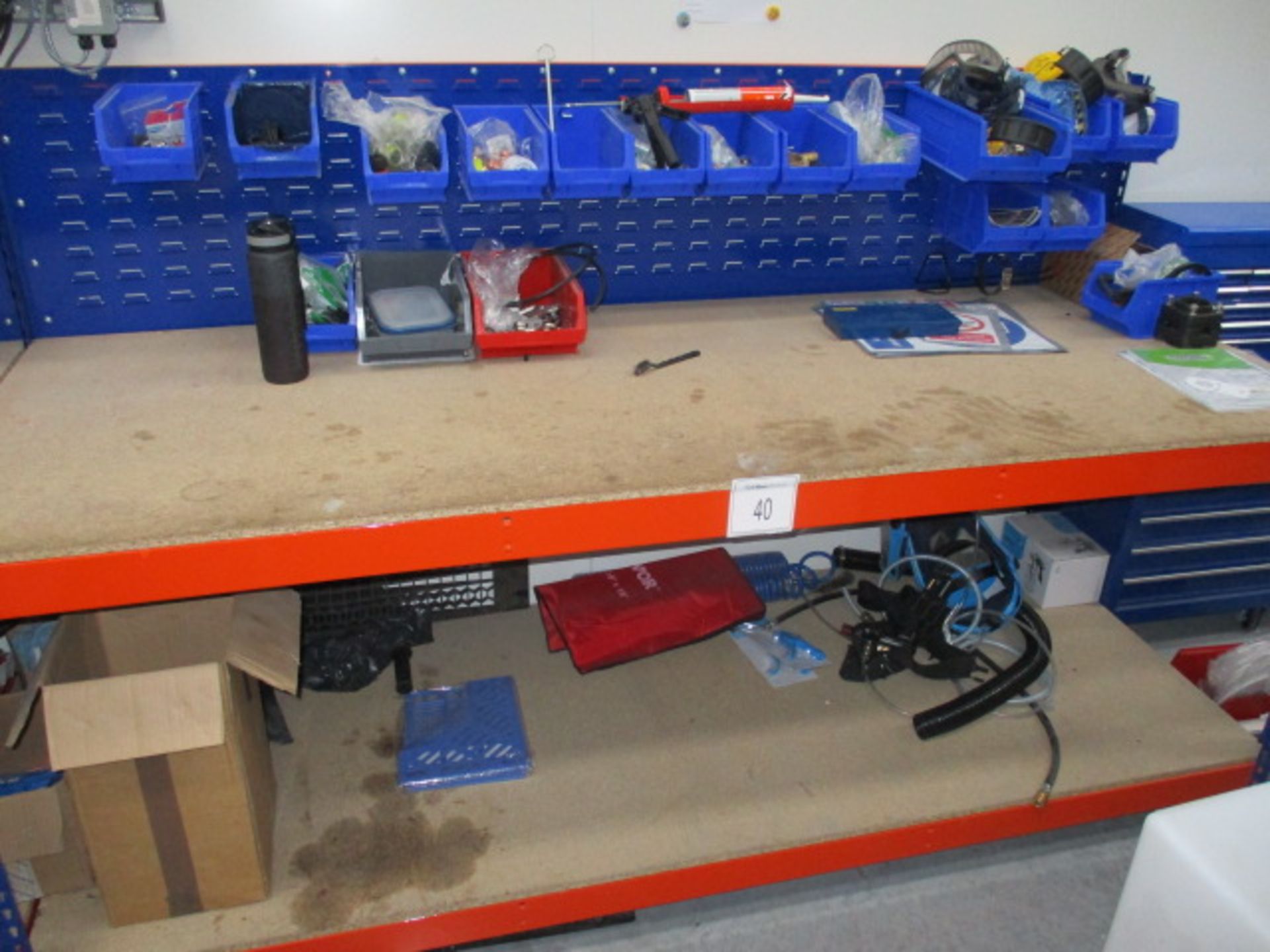 2, Work benches, with upstands and contents of plastic Tote Bins As Lotted