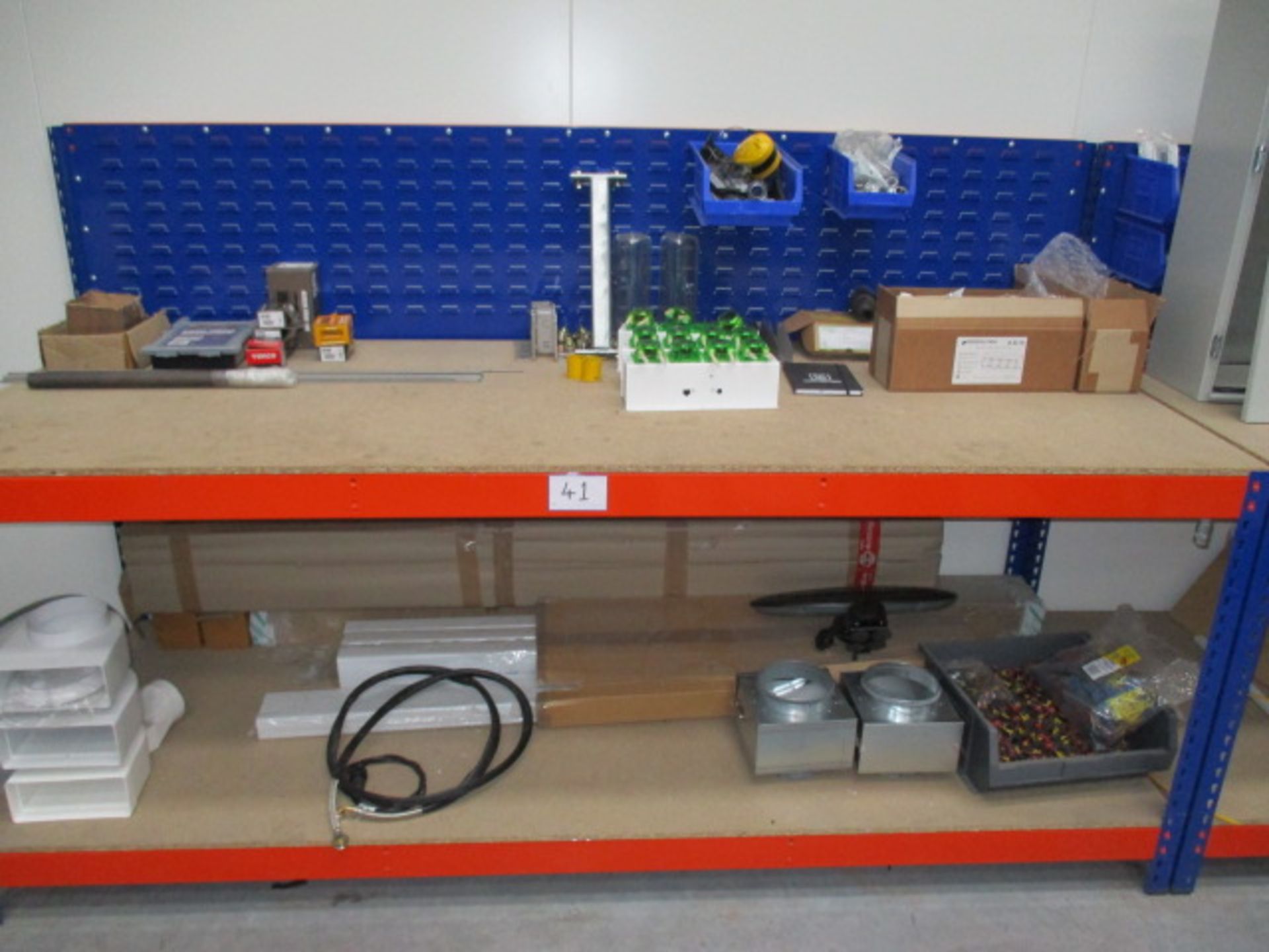 2, Work benches, with upstands and contents of plastic Tote Bins As Lotted - Image 2 of 2