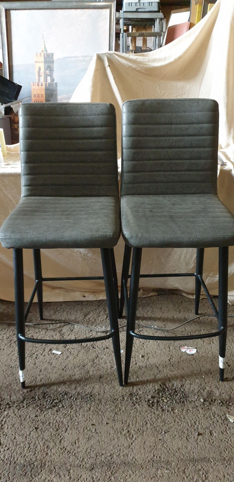 14 ; Grey upholstered, black metal based bar stools - Image 2 of 3