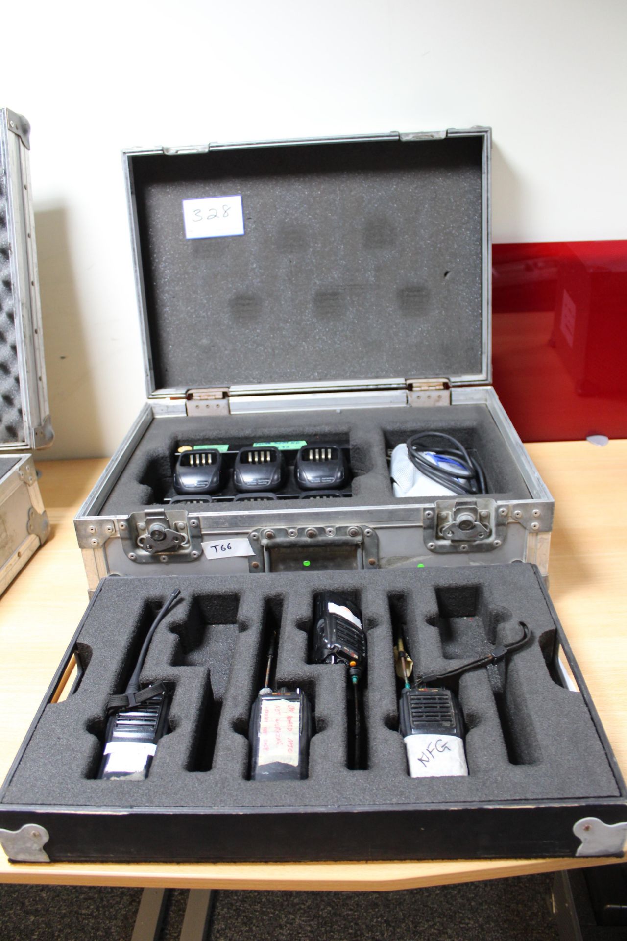 4 Red PT 600 walkie Talkies with Charging Station and Flight Case