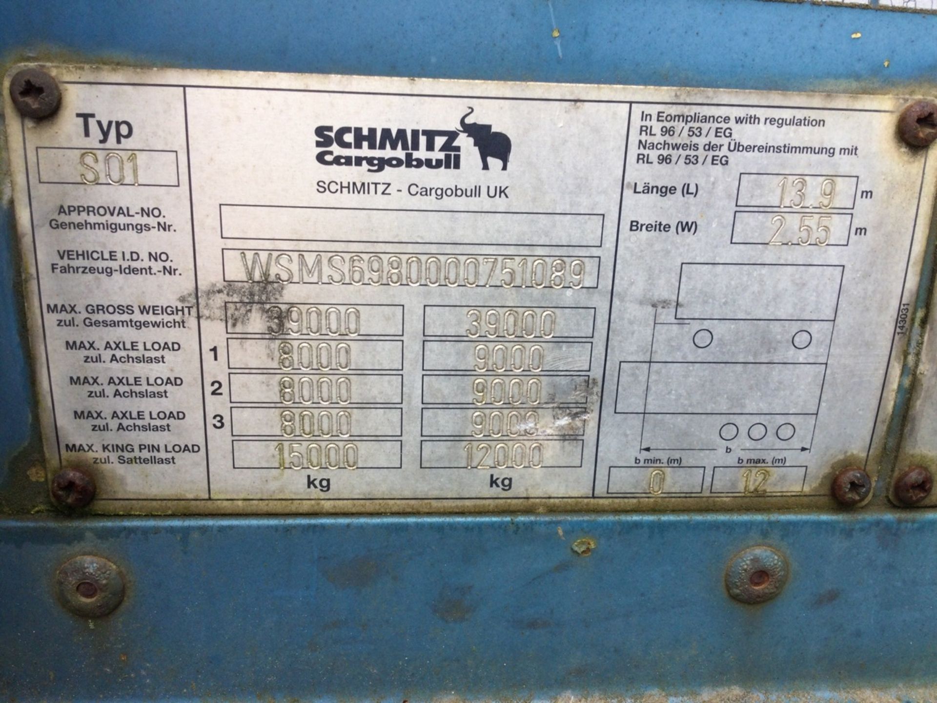 Schmitz Tri-Axle 13.9m Curtainside Trailer Test Expired, serial number C144283 , year 2003. Note - - Image 3 of 3