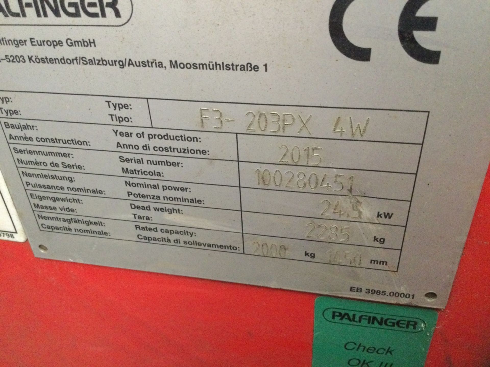 Palfinger F3 203-4W Truck Mounted Forklift Truck, Rated Capacity 2000kg, serial number 1001236 , ye - Image 5 of 7