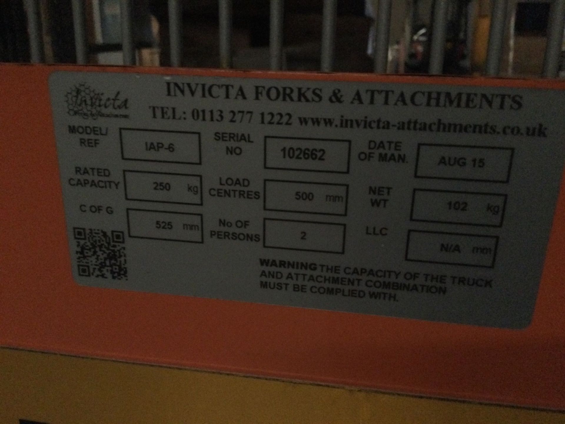 Invicta Model IAP 6 Fork Truck Mounted Access Platform, Rated Capacity 250kg, Year 2015, Serial Numb - Image 2 of 3