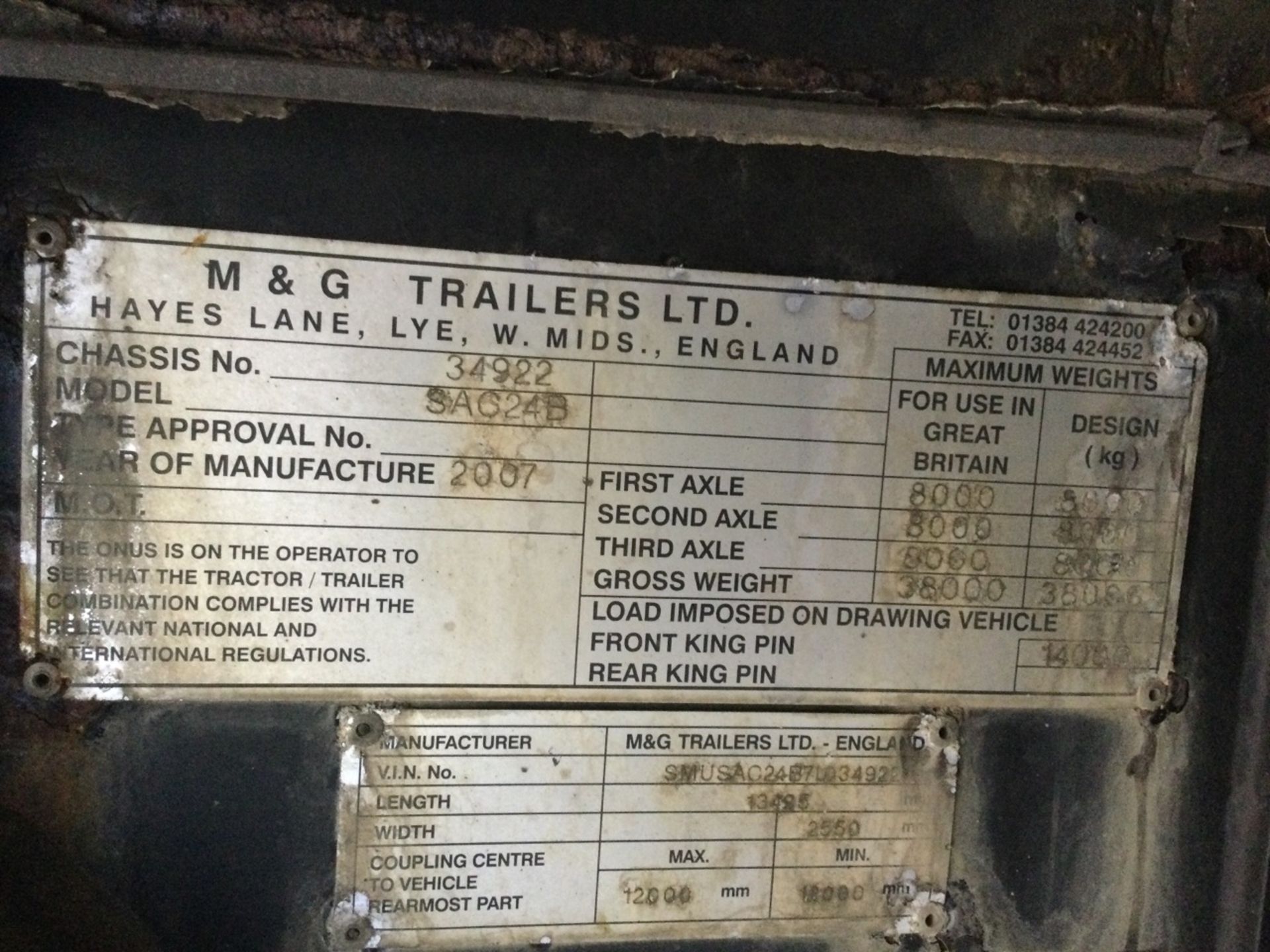 M & G Tri-Axle Curtainside Trailer Mot Expired, serial number C253858 , year 2007. Note - No BP on