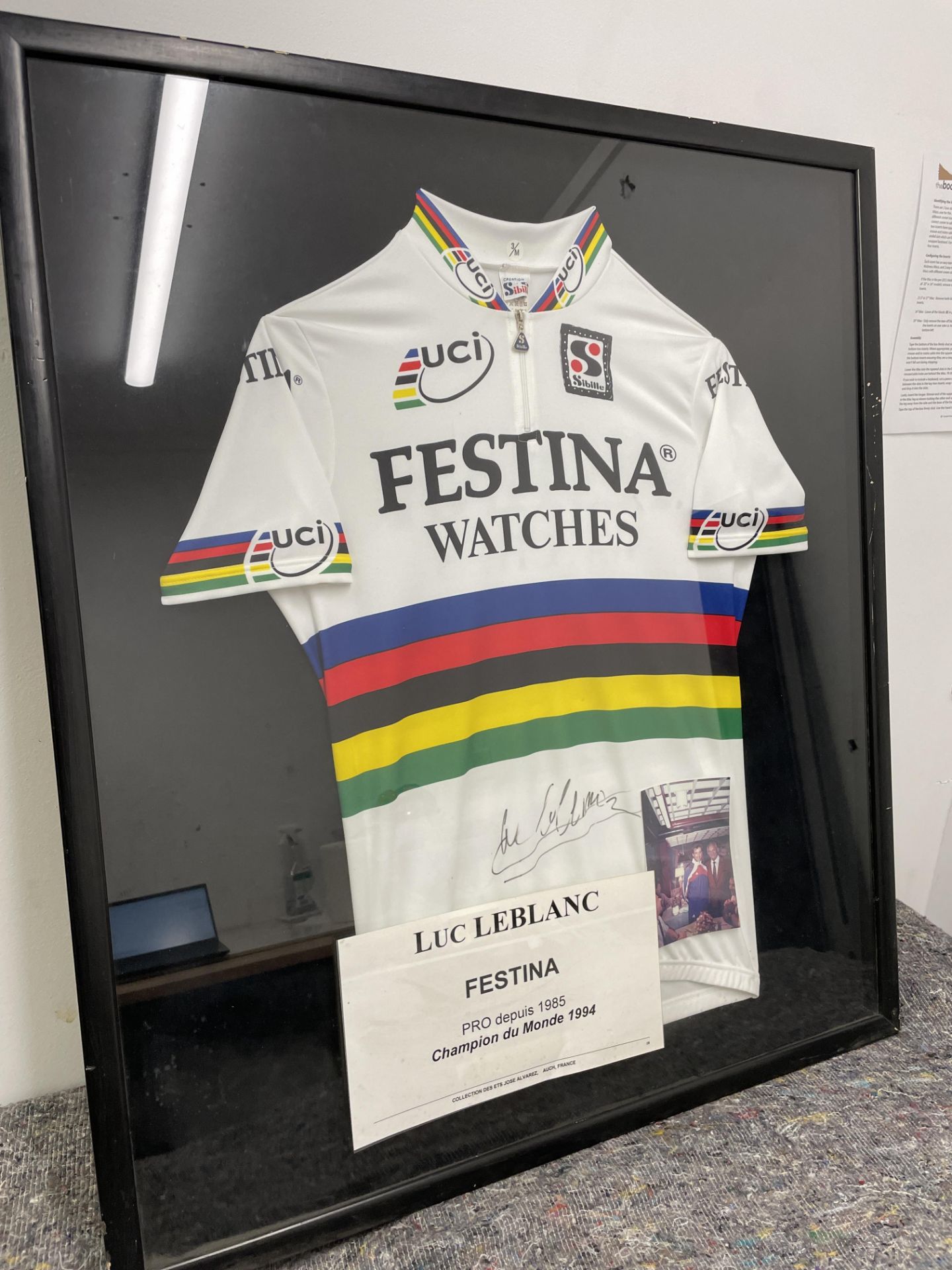 Luc Leblanc Framed & Signed Festina Watches UCI Rainbow Cycling Jersey. World Champion 1994