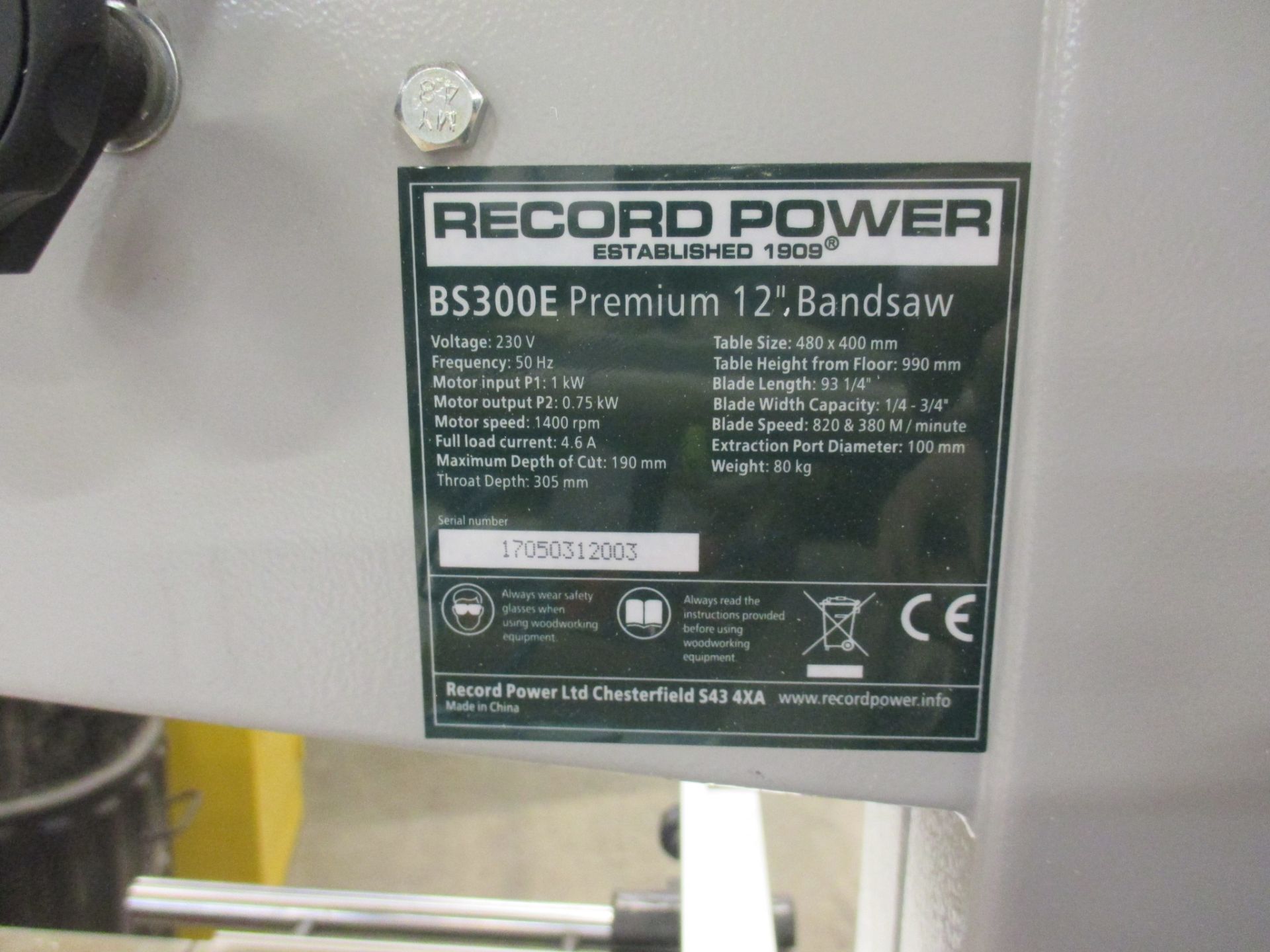 1: Record Power, BS300E, 12" Bandsaw, Serial Number: 17050312003 - Image 2 of 4