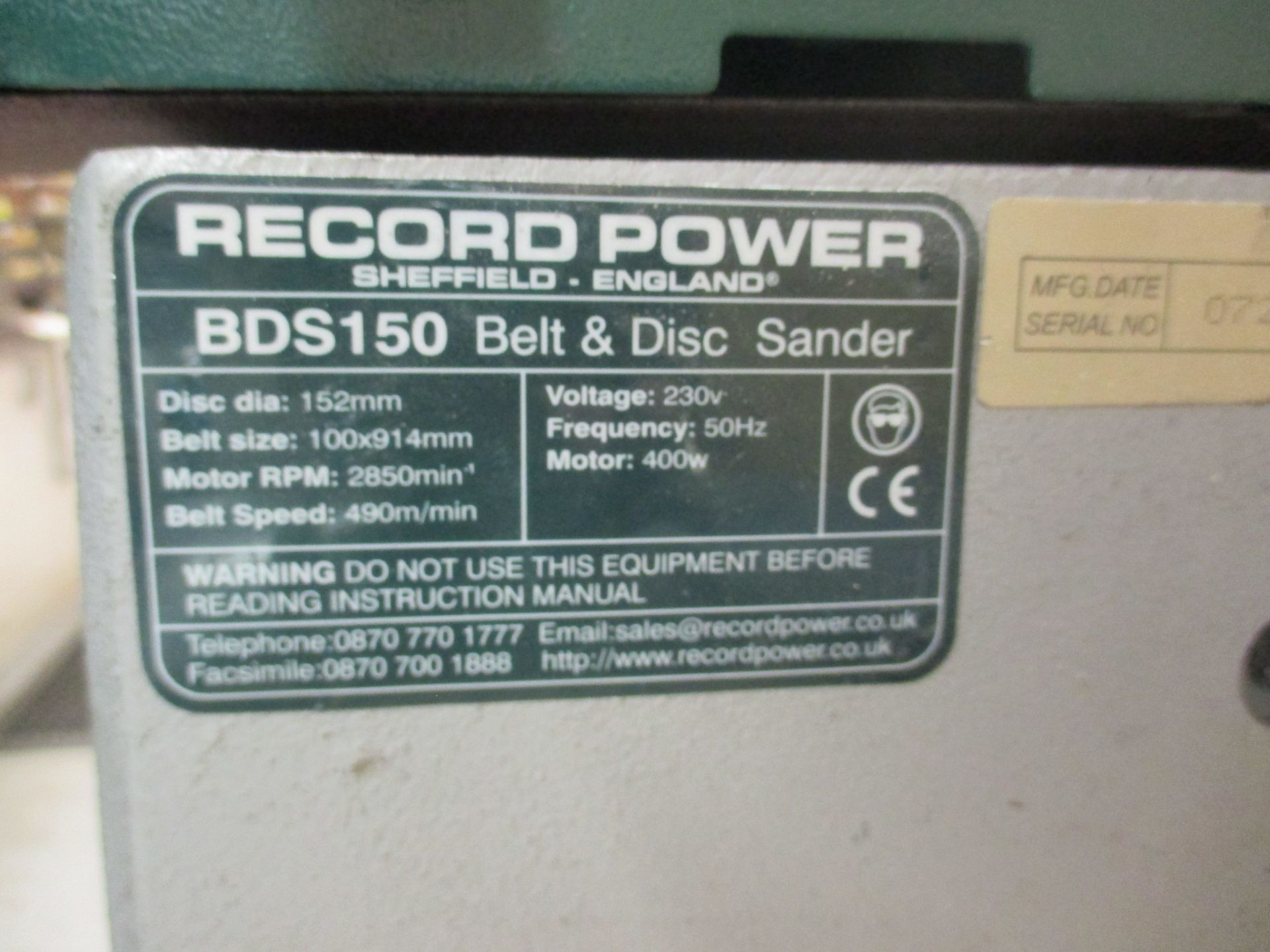 1: Record Power, BDS150, Belt and Disc Sander, Serial Number: 07230Q0032 - Image 2 of 2