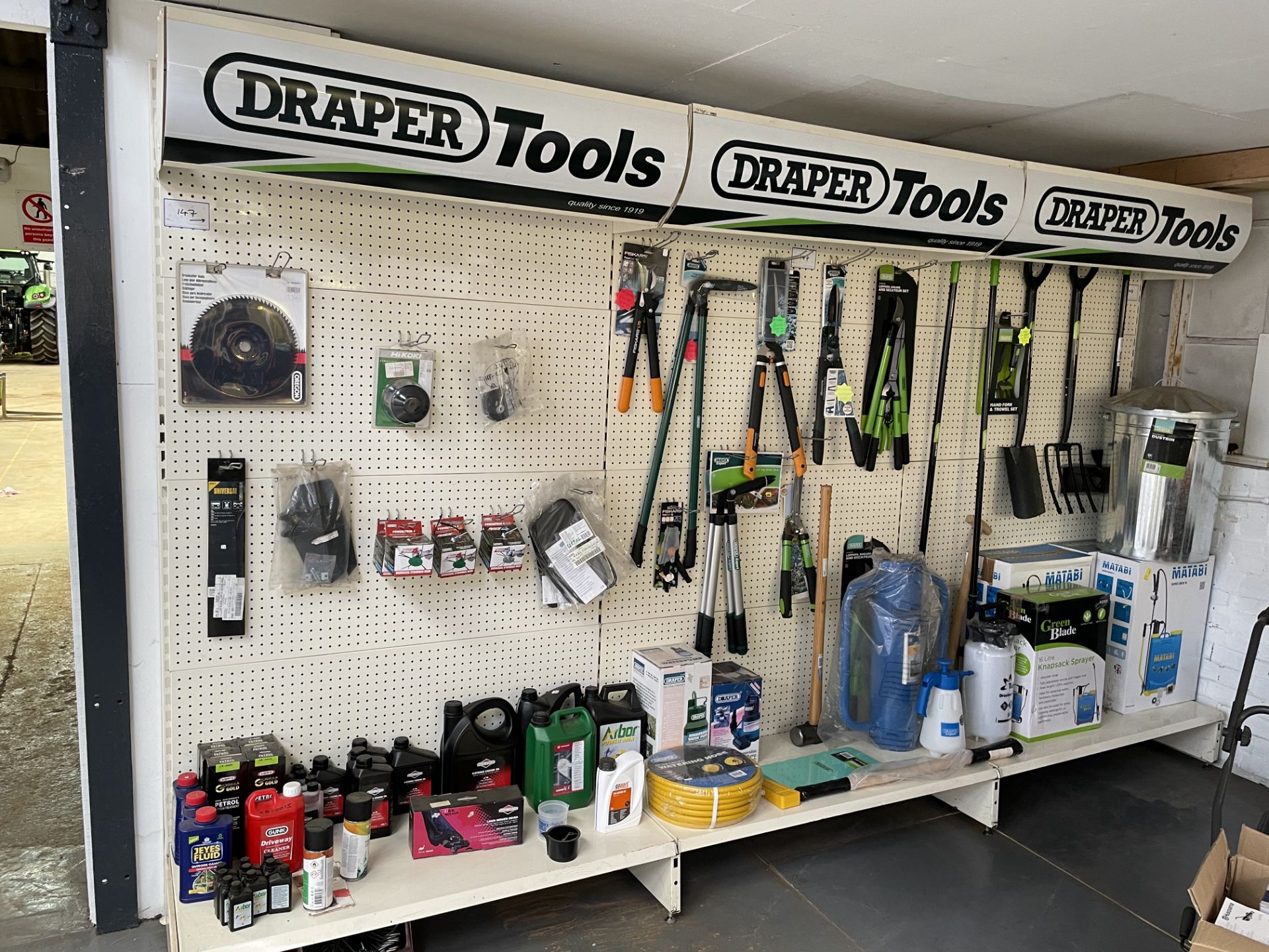 Contents of 3 Display Units to Include Various Garden Tools, Sprayers, Trimming Heads, Oils, Cleaner