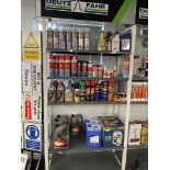 Contents of 2 Racks to Include a Large Quantity of Oils, Screenwash, WD-40, Tapes, Greases, Silicone