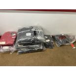 6: Red Case Overalls, Various Sizes. 3: Black Case Padded Overalls. 3: Black Case Polo T Shirts, 1