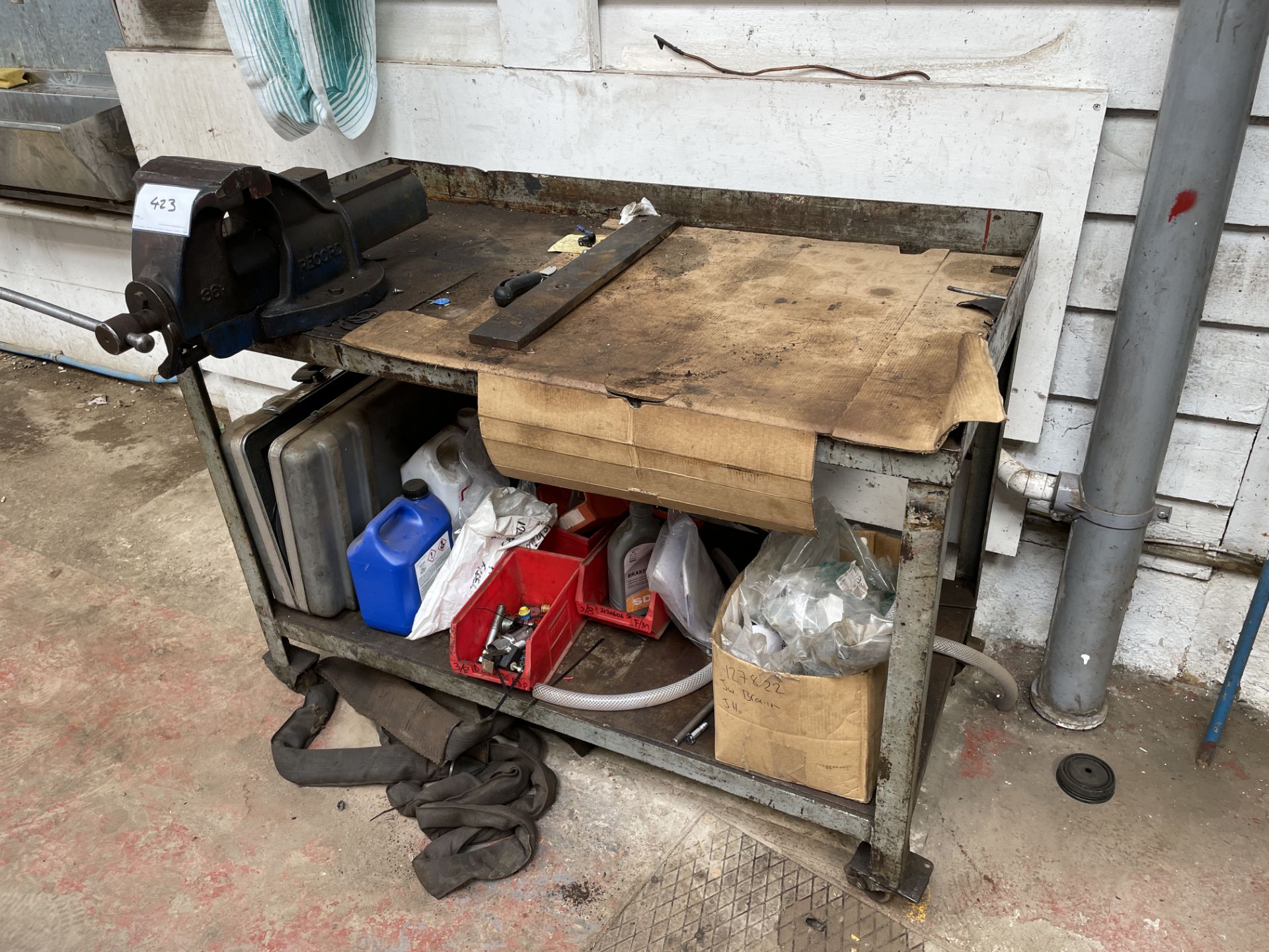 1: Purpose Built Mobile Steel Work Bench with Record Steel No. 36 Vice. 125cm (L) x 0.63cm (W) x 90c