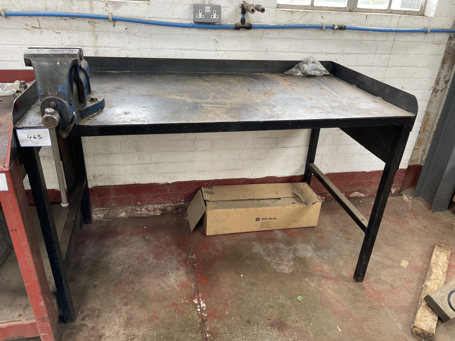 1: Purpose Built Steel Work Bench with Record No. 36 Vice. 154cm (L) x 0.81cm (W) x 0.97cm (H)