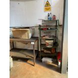1: Mobile Work Bench, 5 Tier Shelving Unit & (1) Long Storage Table with Contents of Sprays, Oils &