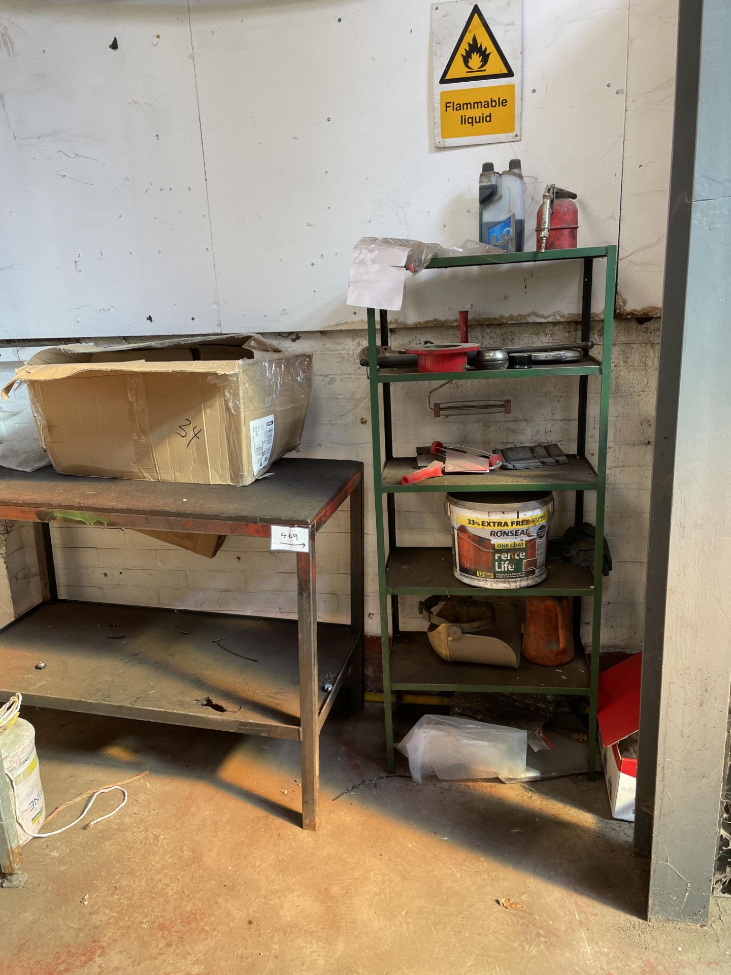 1: Mobile Work Bench, 5 Tier Shelving Unit & (1) Long Storage Table with Contents of Sprays, Oils &