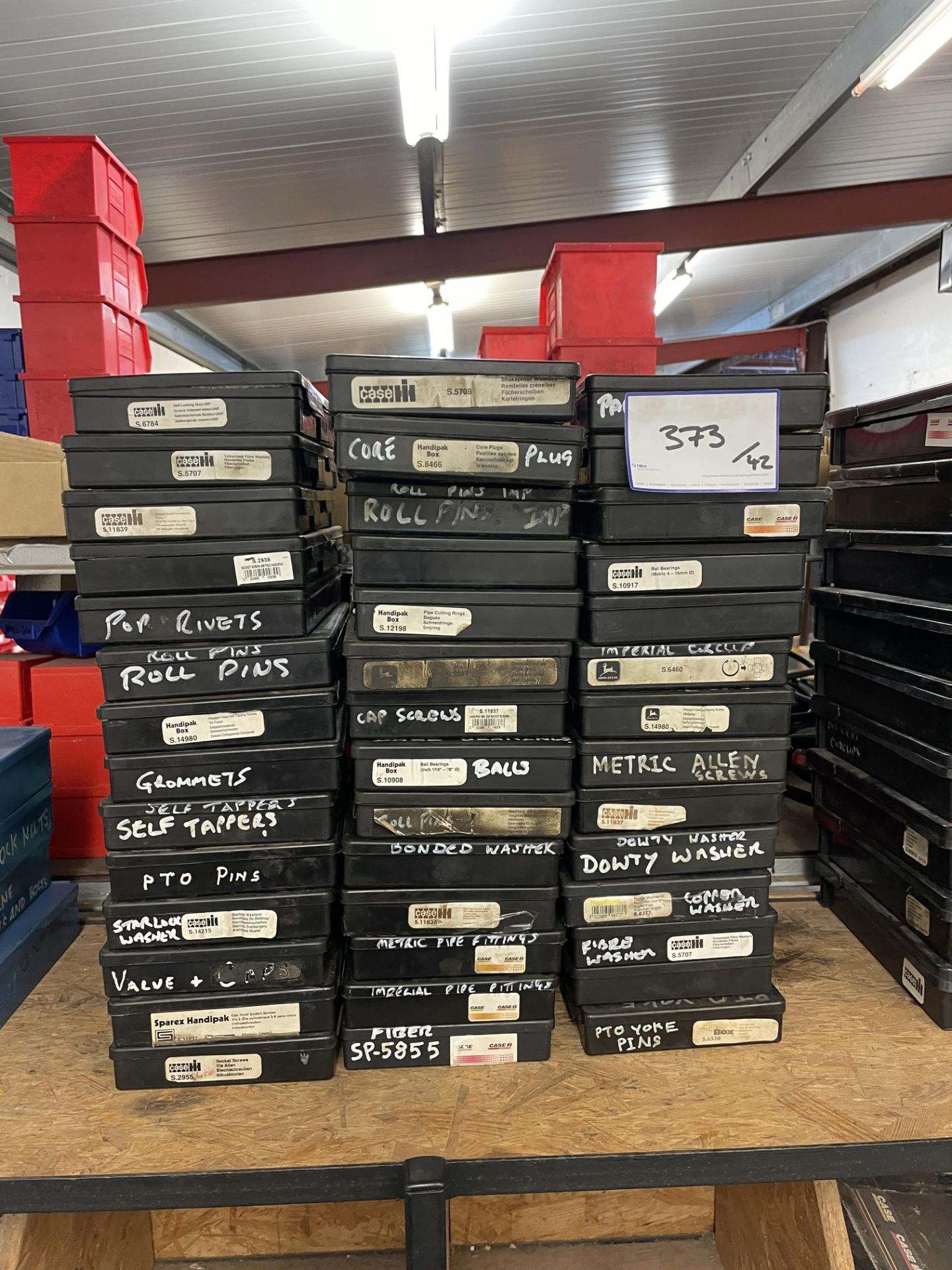 42: Boxes of Various Case Self Locking Nuts, Fibre Washers, Pop Rivets, Roll Pins, Grommets, PTO Pin