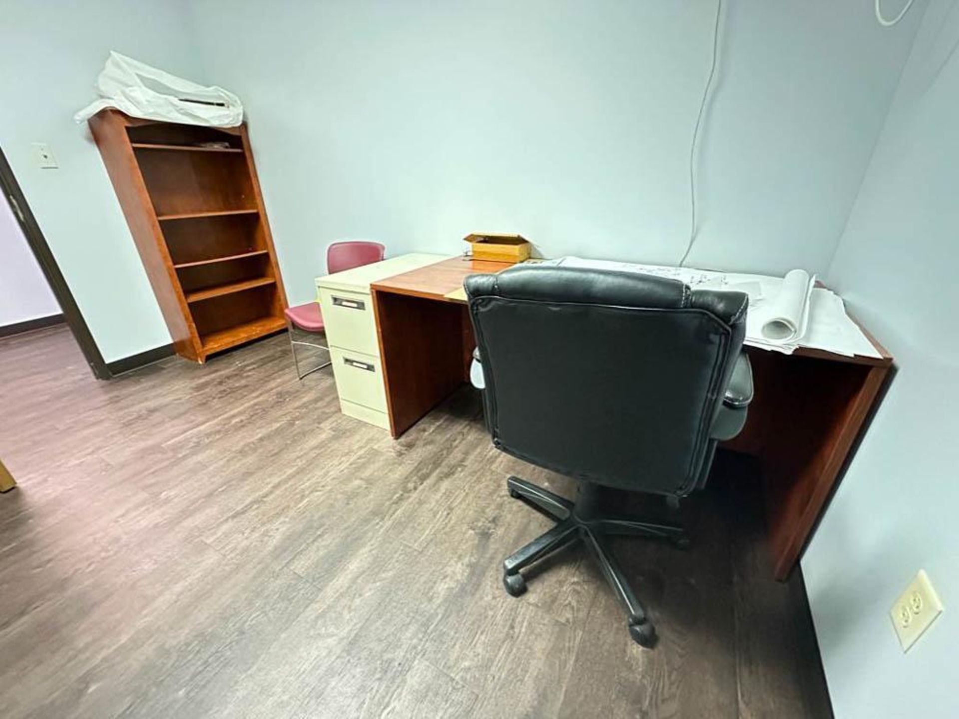 Desk, File Cabinet, Book Shelf and (2) Chairs