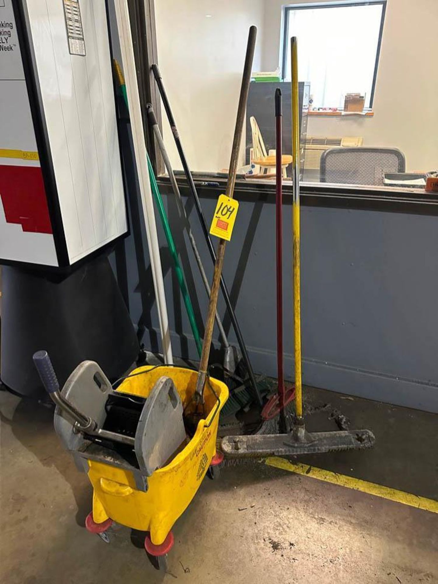 Assorted Cleaning Equipment, Including: Brooms, Dust & Wet Mop and Mop Bucket