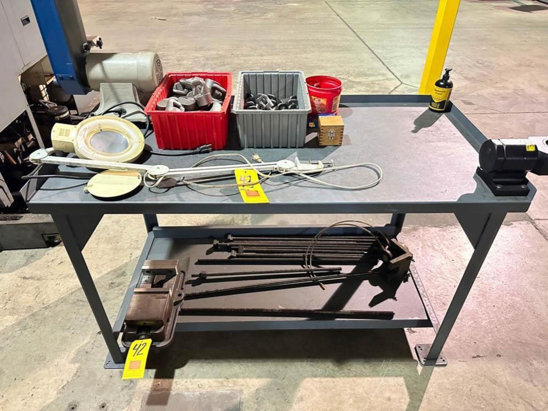 Steel Work Table: 5' x 30" with Shelf with Tool Setter, Lamp and Assorted Steel