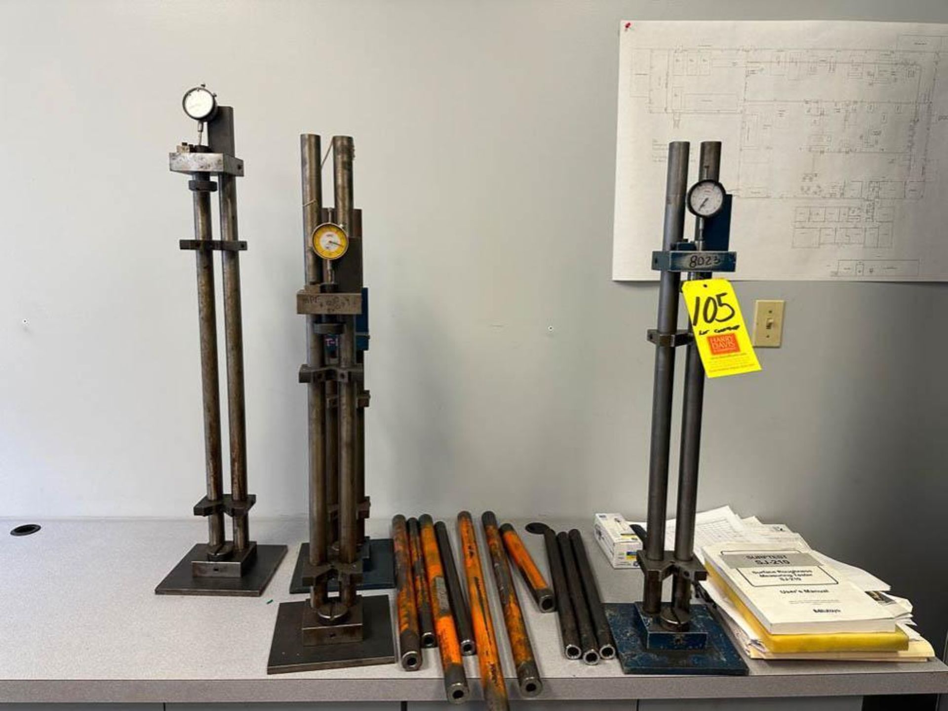 (4) Assorted Height Gauges, Piping, Etch-O-Matic, Micrometers, Paper Cutter, Desks, Filing Cabinets