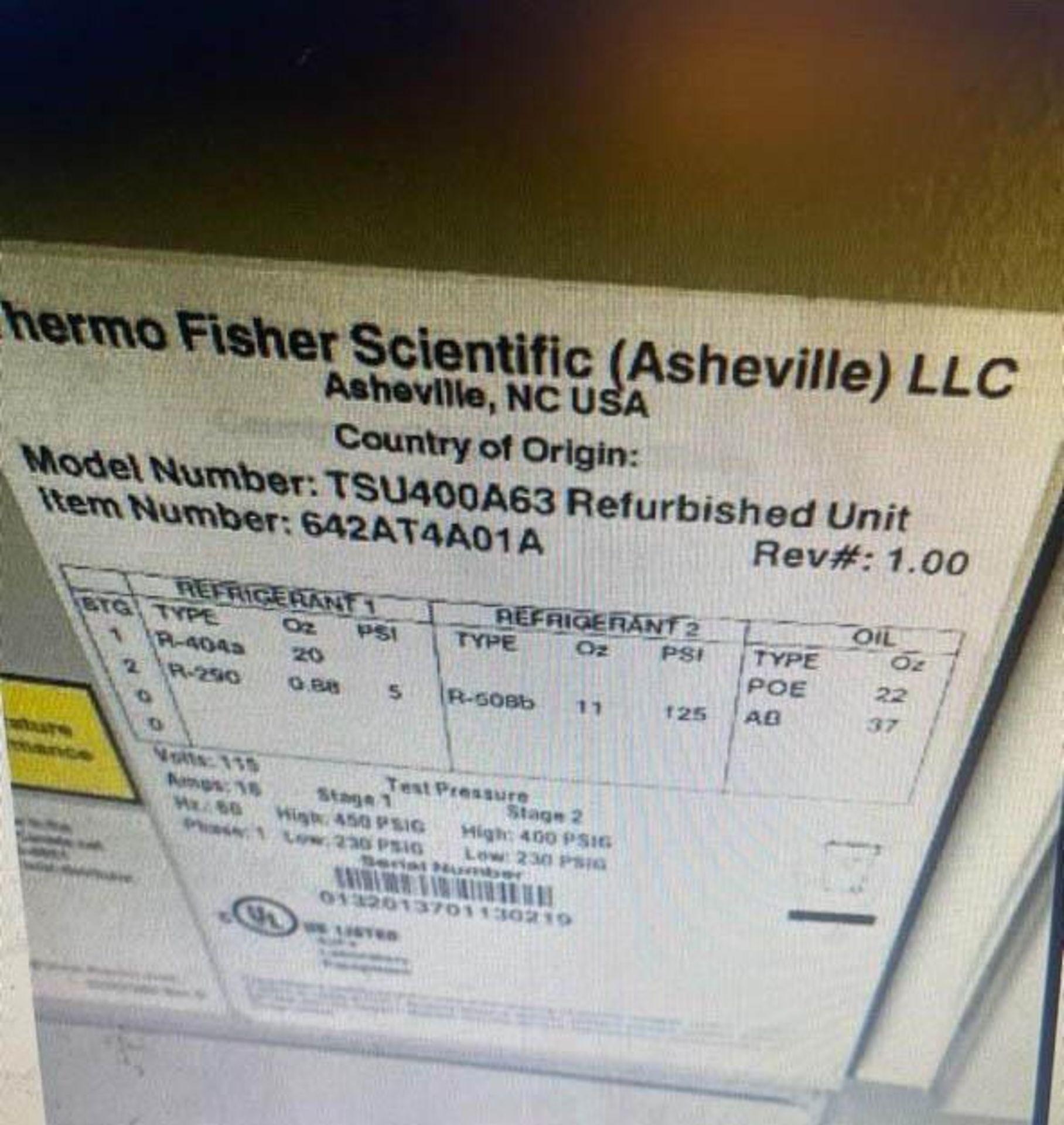 Thermo-Scientific TSU-Series Lab Freezer, Model TSU400A63 - Image 3 of 3