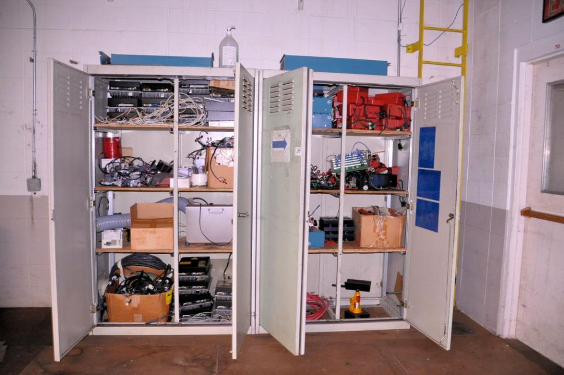 Lot - (4) Heavy Duty 2-Door Supply Cabinets with Electronic Boards and Machine Parts