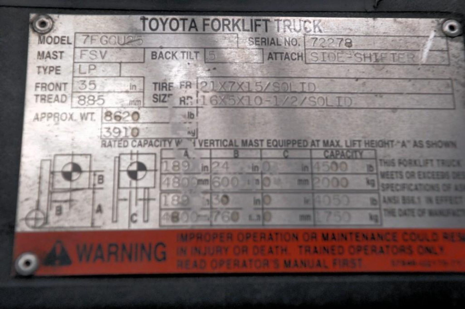 Toyota Model 7FGCU25 4,500-lb. Capacity LP-Gas Forklift Truck, S/N: 72278; 189 in. Lift, 42 in. Fork - Image 5 of 5