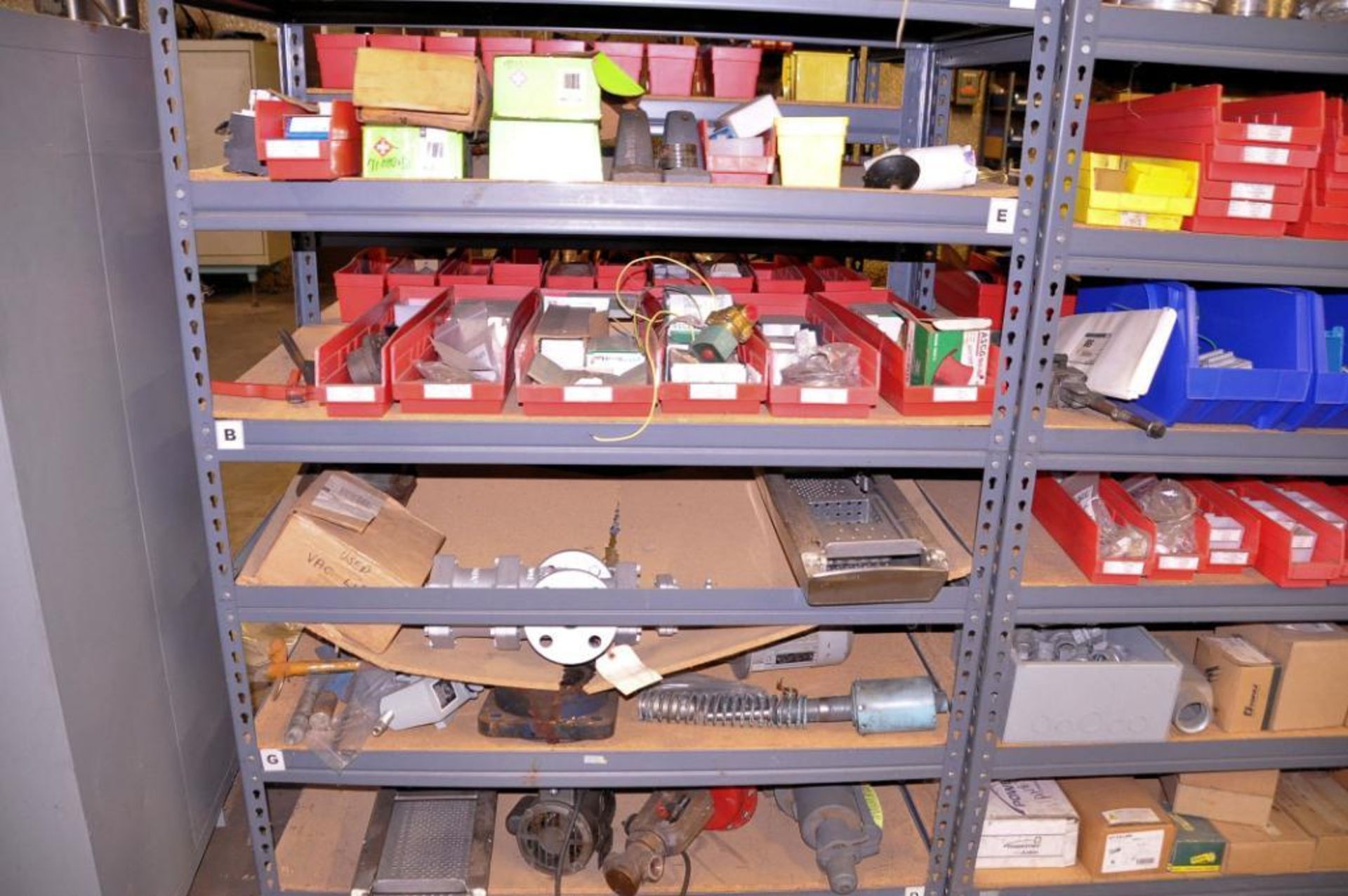 Lot - (8) Sections of Shelving with Diaphragm Pumps, Valves, Electronic Machine Parts, Pipe Fittings - Image 6 of 7