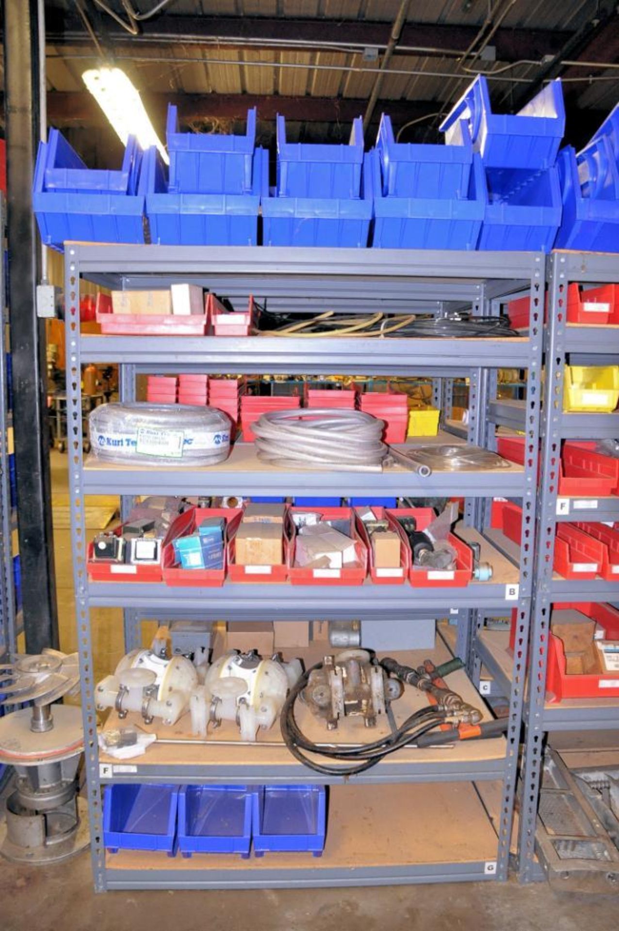 Lot - (8) Sections of Shelving with Diaphragm Pumps, Valves, Electronic Machine Parts, Pipe Fittings - Image 4 of 7