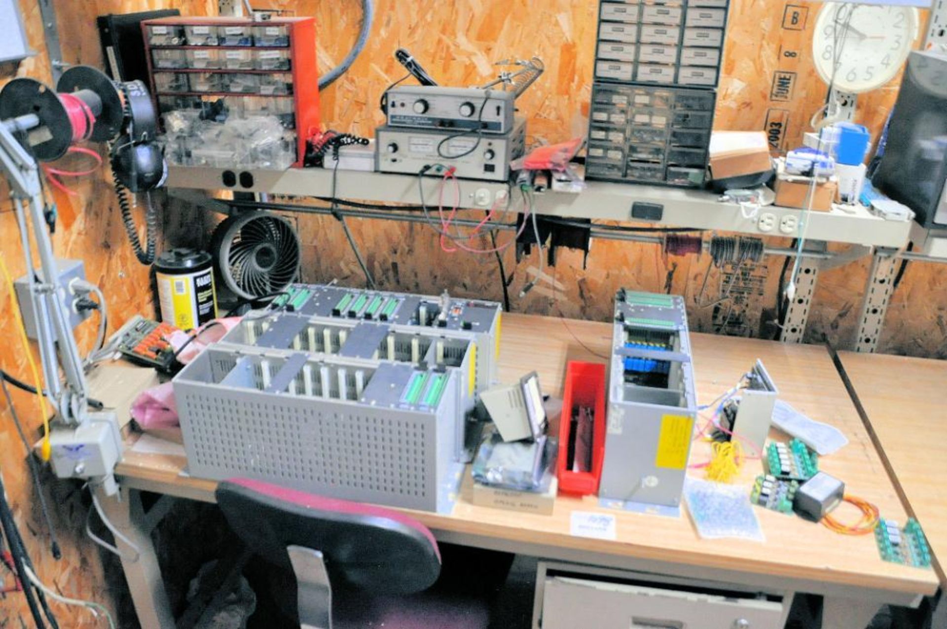Lot - (3) Benches with Oscilloscope, Hardware Bin Cabinets, Electronic Parts, Drill Sharpener and Ro - Image 3 of 3