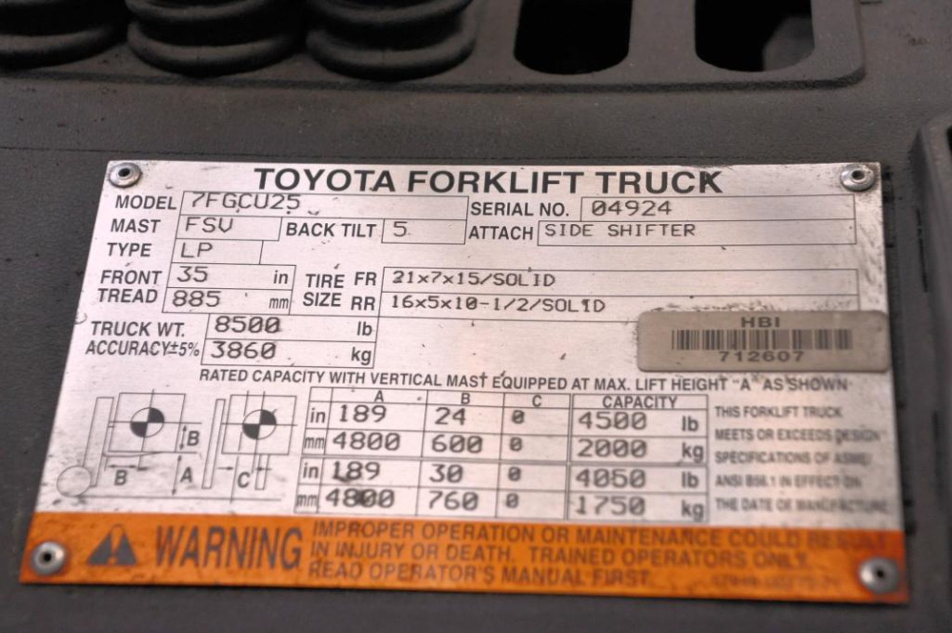 Toyota Model 7FGCU25 4,500-lb. Capacity LP-Gas Forklift Truck, S/N: 04924 - Image 5 of 5