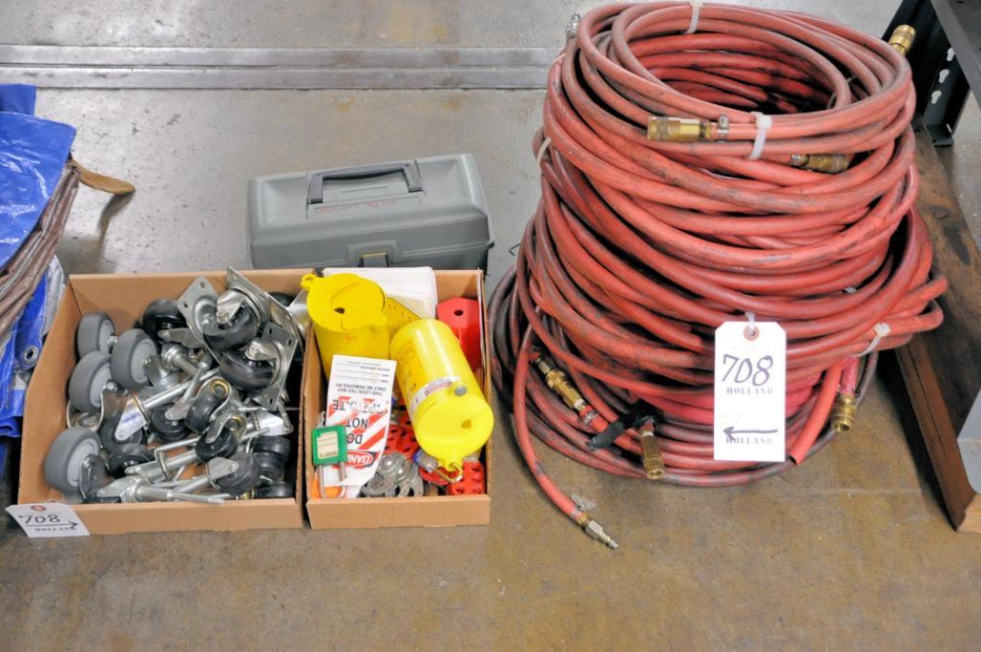 Lot - Air Hose in (1) Stack with Caster Wheels and Lockout/Tagout in (2) Boxes