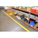 Lot - Brooms and Dust Pans Under (2) Tables