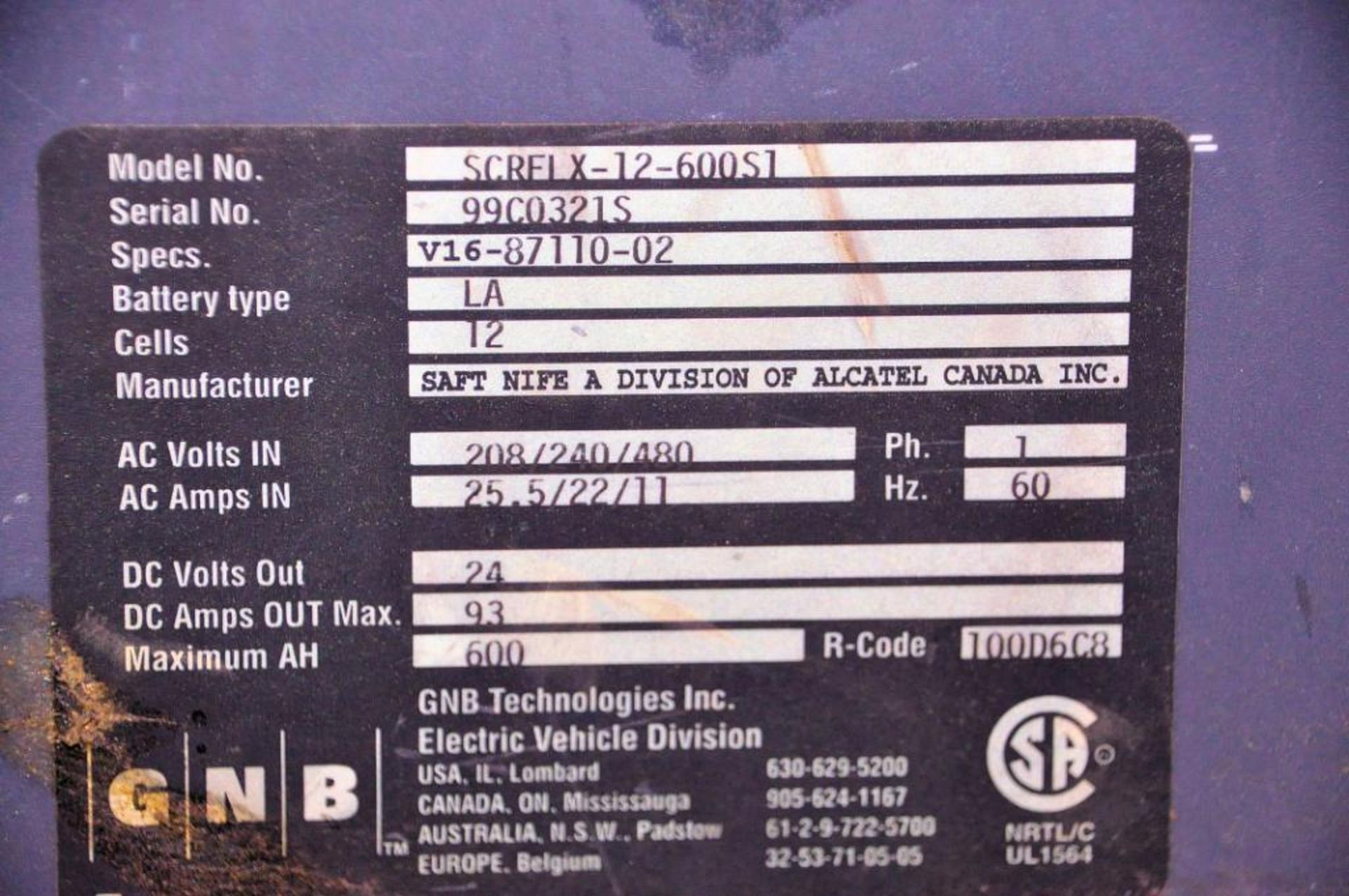 GNB Model SCRFLX-12-600S1 12-Cell 24V DC Battery Charger, S/N: 99C0321S - Image 2 of 2