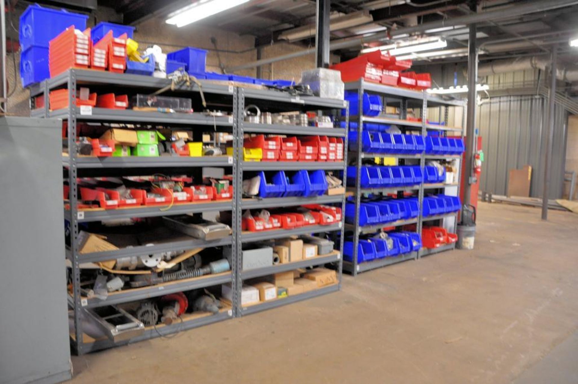 Lot - (8) Sections of Shelving with Diaphragm Pumps, Valves, Electronic Machine Parts, Pipe Fittings