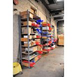 Lot - (5) Sections of Shelving with Pumps, Drives, Cylinders, Valves, Belts, Seals, Electrical Parts