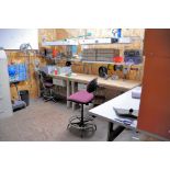 Lot - (3) Benches with Oscilloscope, Hardware Bin Cabinets, Electronic Parts, Drill Sharpener and Ro