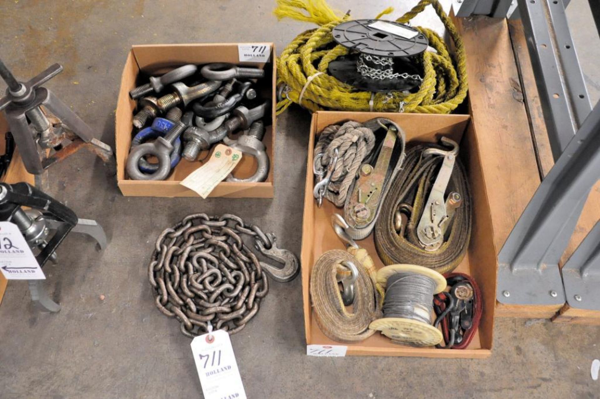 Lot - Ratchet Straps, Rope and 1-Hook Chain with Eye Bolts in (1) Box