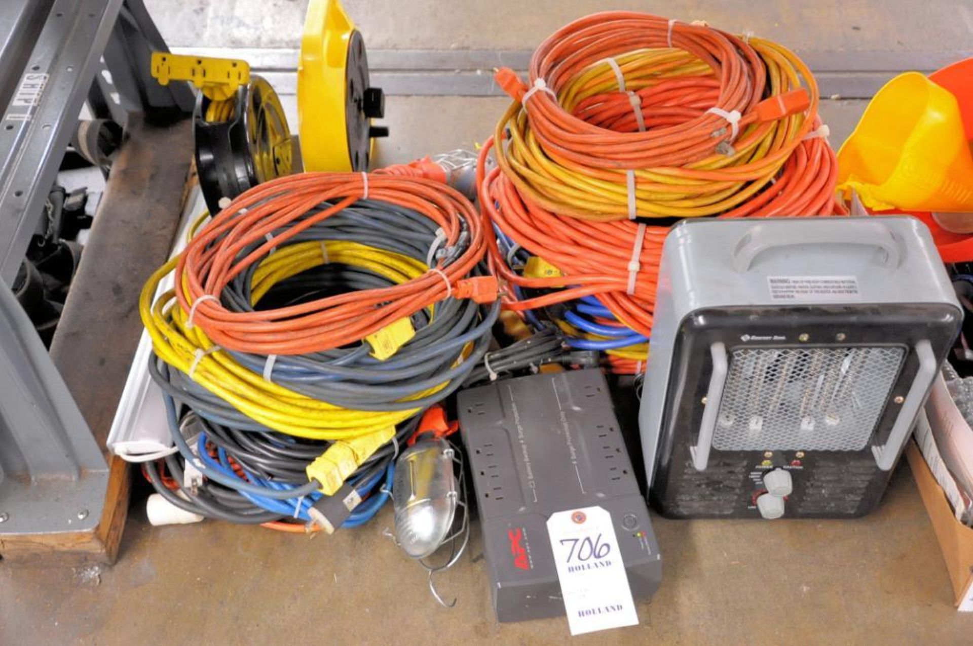 Lot - Extension Cords, Cord Reels, Space Heater and APC Battery Backup Surge Protector