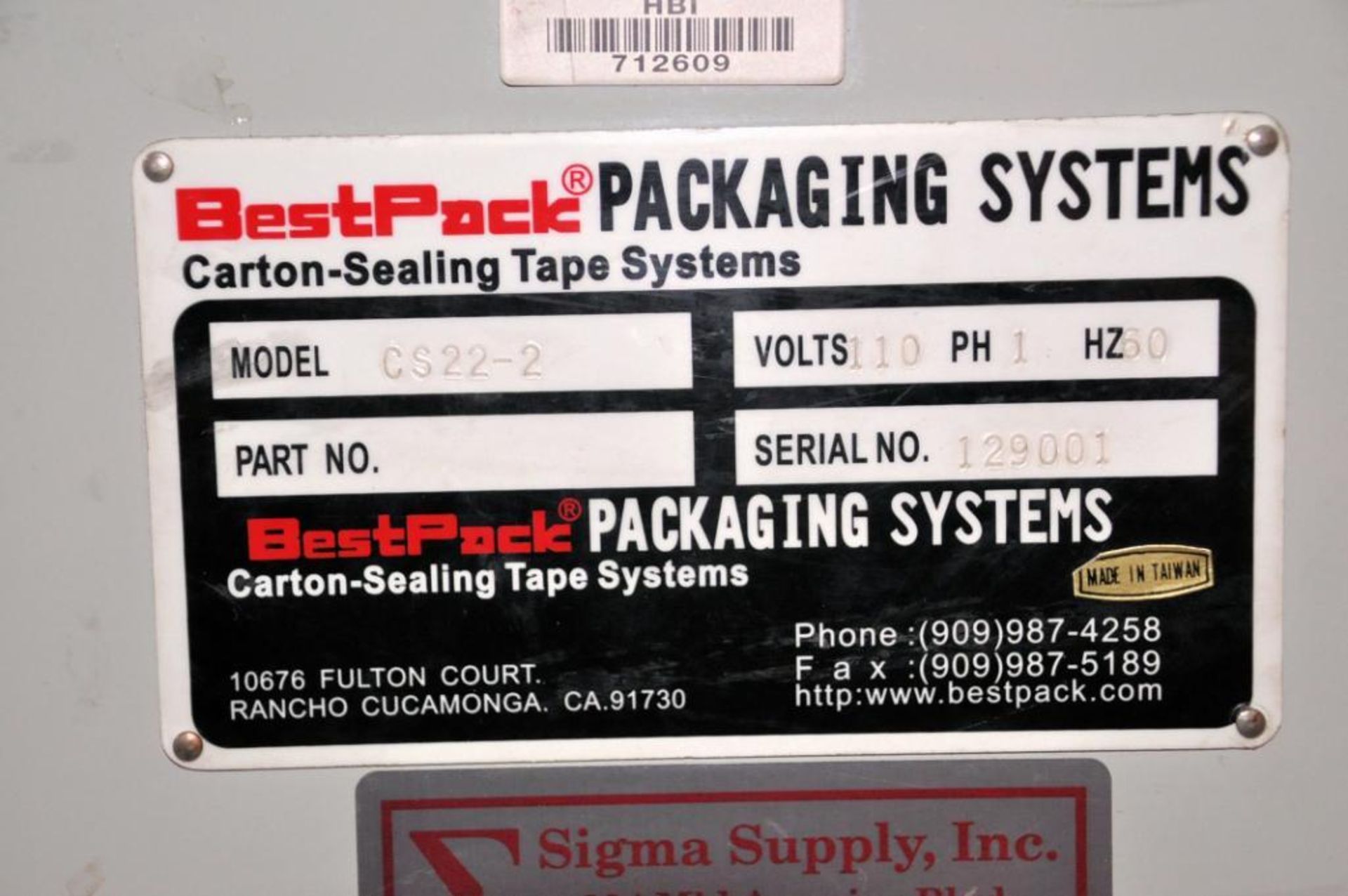 Bestpack Model CS22-2 Carton Sealing Tape System, S/N: 129001; with (2) Roach 20 in. x 60 in. Motori - Image 9 of 9