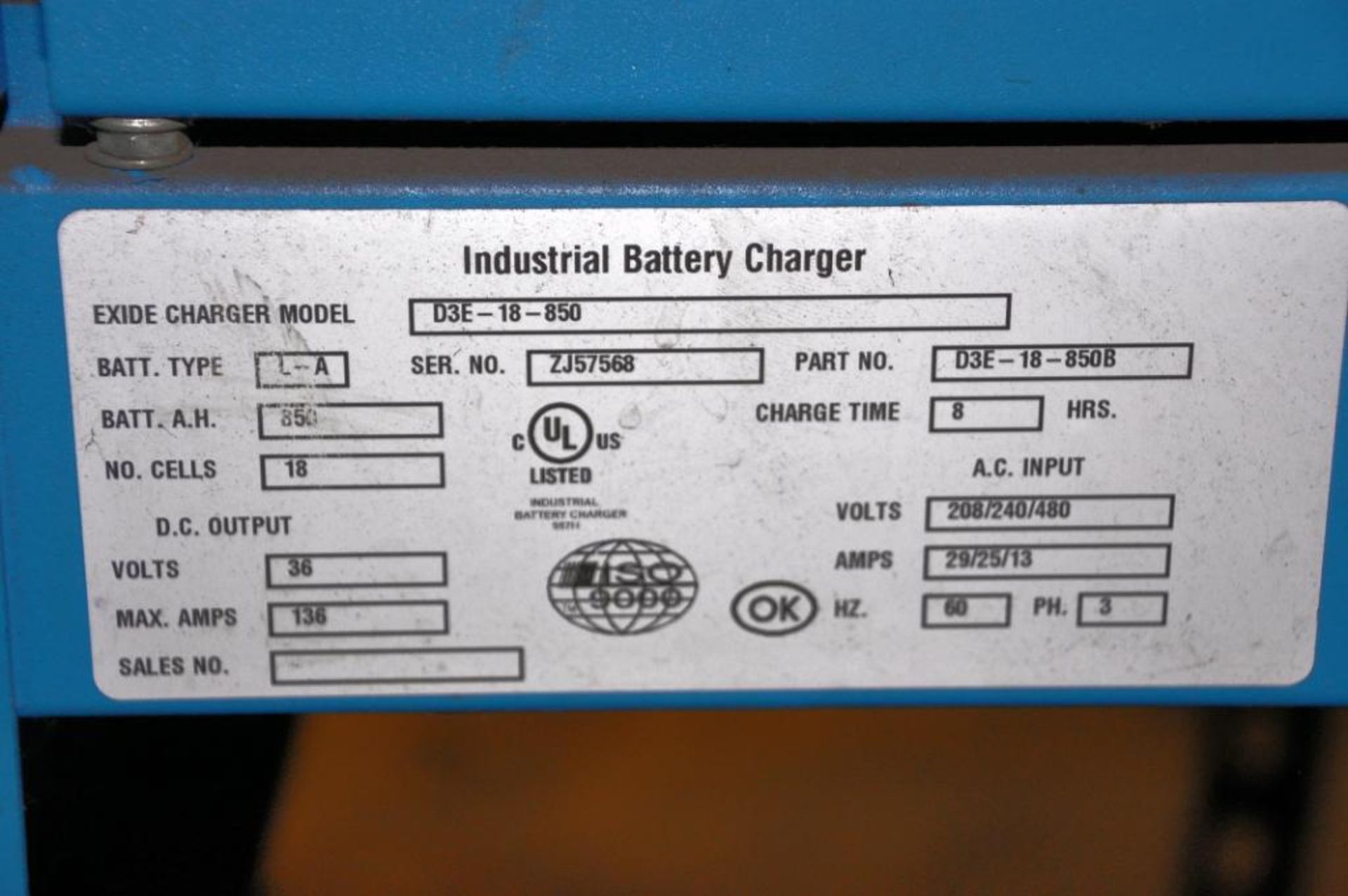 Exide Depth Model D3E-18-850 18-Cell 36V DC Battery Charger, S/N: ZJ57568 - Image 2 of 2