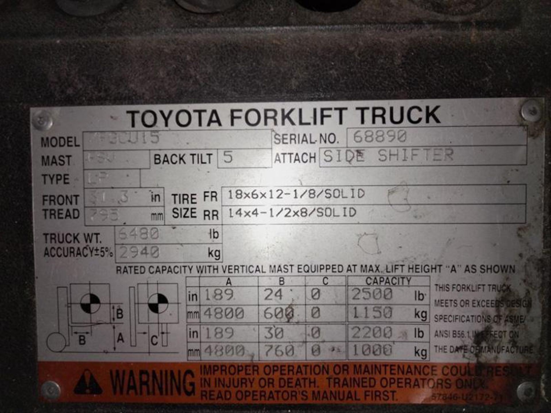 Toyota 7FGCU15 3,000 Lbs. Capacity Forklift With Side - Image 6 of 6